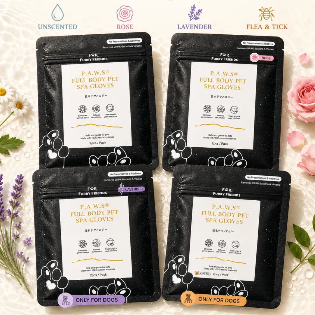 (For Furry Friends) P.A.W.S Full Body Pet Spa Gloves (Unscented, Rose, Lavender, Flea & Tick Repellent)