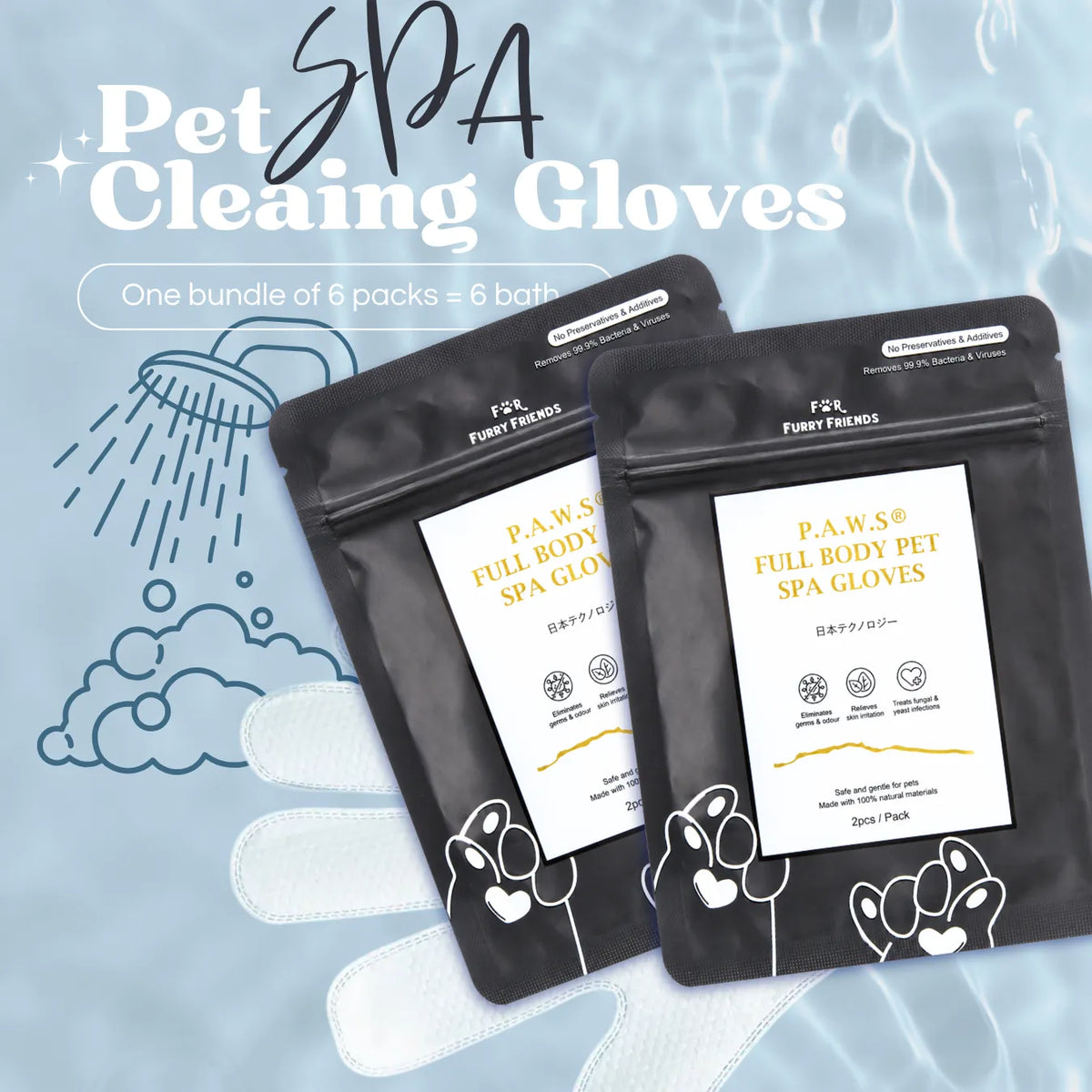 (For Furry Friends) P.A.W.S Full Body Pet Spa Gloves (Unscented, Rose, Lavender, Flea & Tick Repellent)
